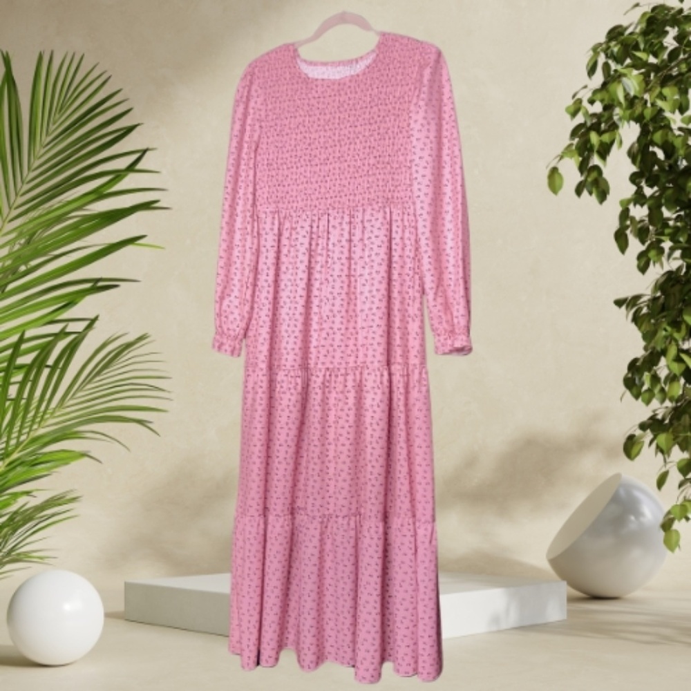 Boho Smocked Long Sleeve Maxi Dress - Pink Floral Print
